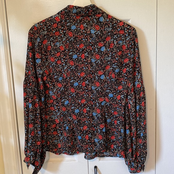 Free People botanical floral blouse ruffle jabot balloon sleeves button front - Picture 4 of 14